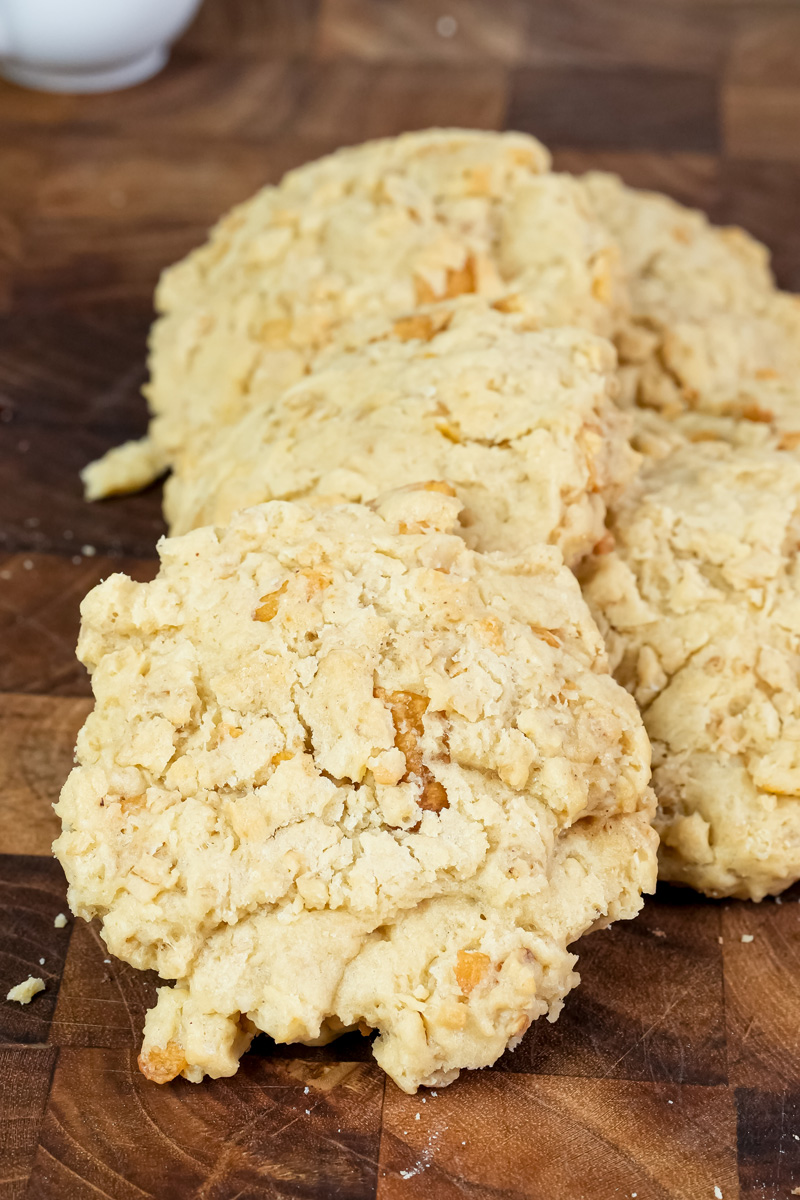 Stack of homemade ranger cookies showing texture and oat pieces