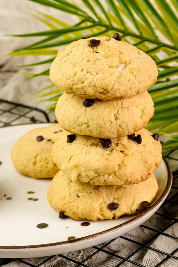 Stack of soft cheesecake cookies with chocolate chips