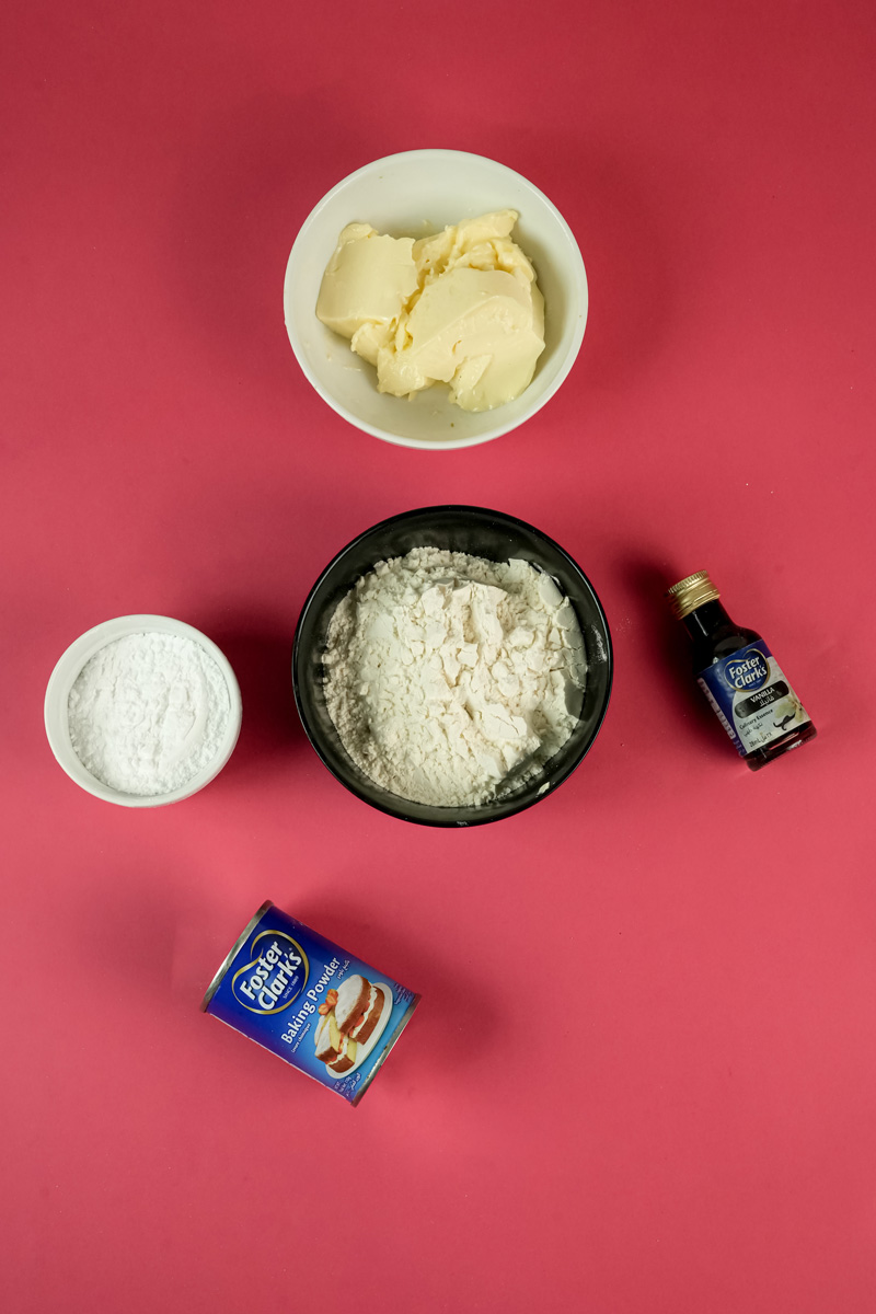 Twix cookie ingredients: butter, flour, baking powder, and vanilla extract