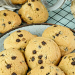 Close-up shot of baked chocolate chip cookies on a plate