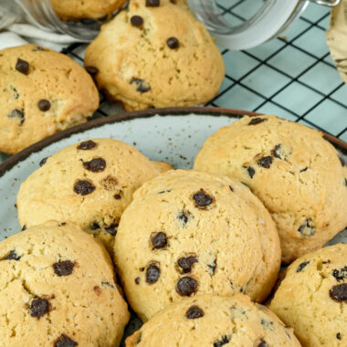 Close-up shot of baked chocolate chip cookies on a plate