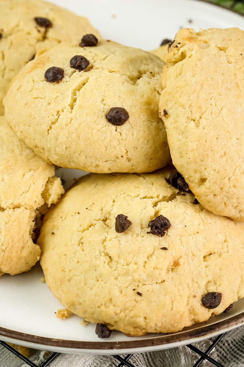 Close-up of tender cheesecake cookies with chocolate chips