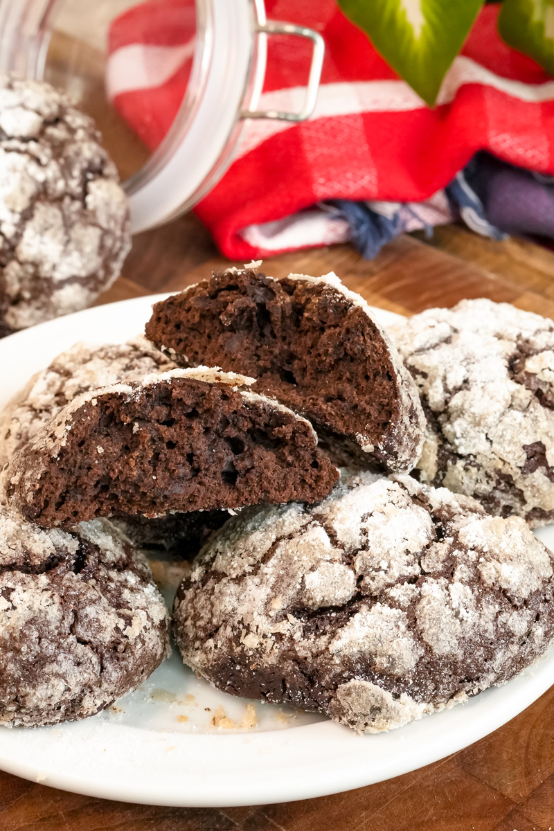 A chocolate crinkle cookie is broken in half, showing the rich, soft interior texture.