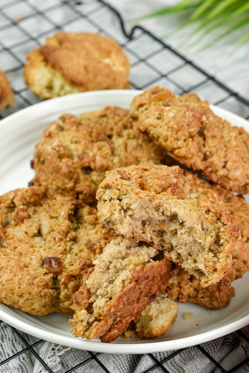 Close-up of chunky oatmeal raisin cookies with visible raisins