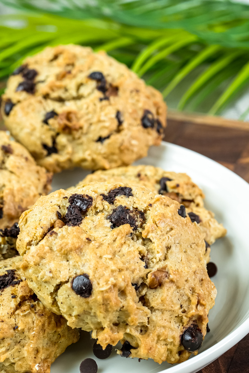 Close-up cowboy cookie showing chunky texture with chocolate and oats