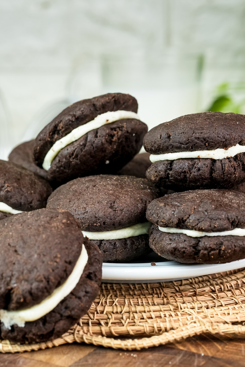 A pile of homemade chocolate sandwich cookies