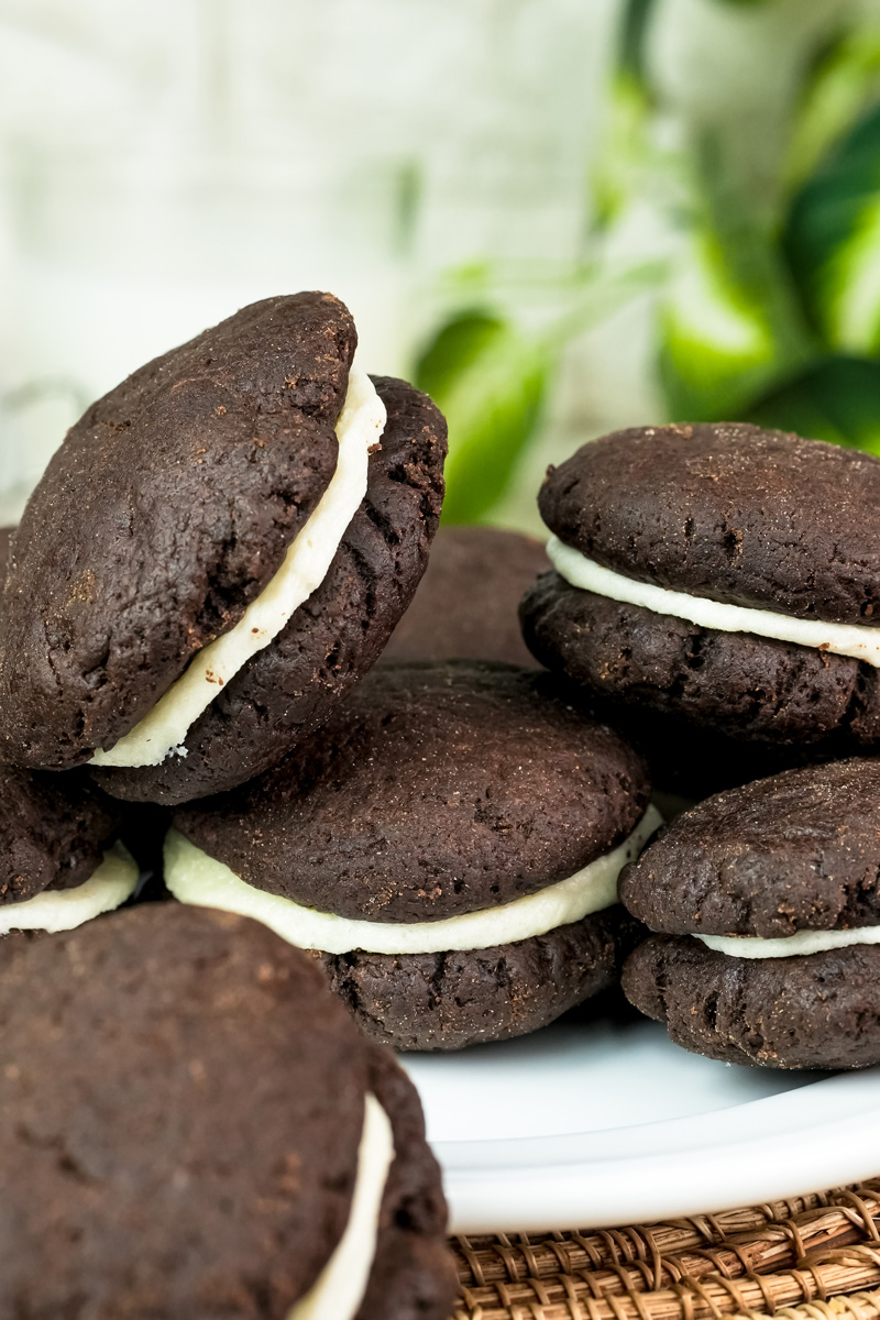 A close-up shot of homemade Oreo cookies on a plate