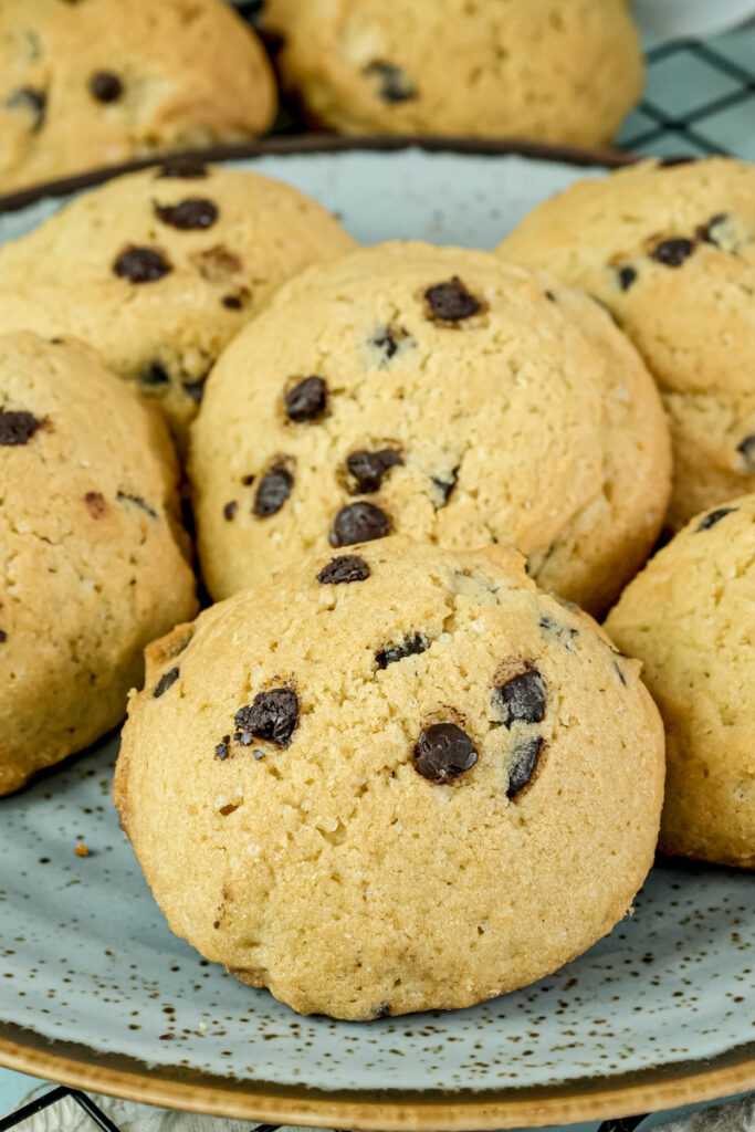 A detailed close-up of a single chocolate chip cookie on a plate