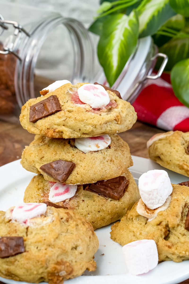 Stack of s'mores cookies with melted marshmallows and chocolate