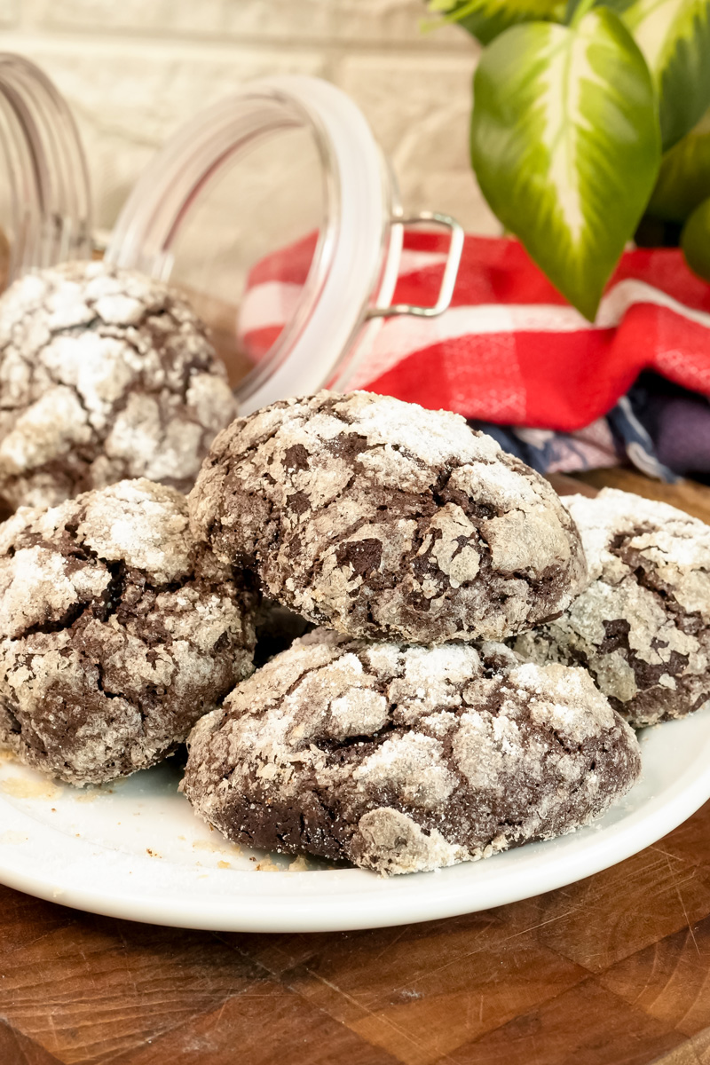 Freshly baked chocolate crinkle cookies on a white plate, showcasing their cracked, sugar-dusted tops.