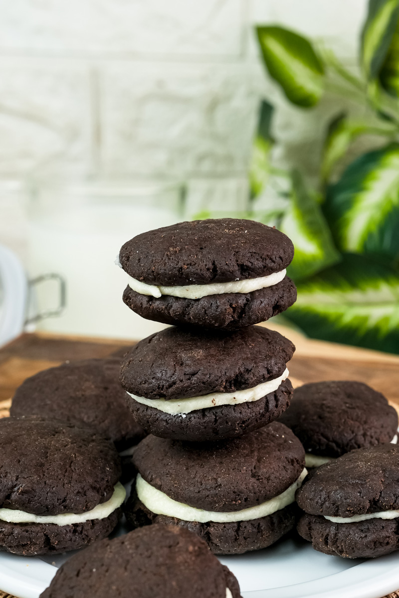 A stack of homemade Oreo cookies on a plate