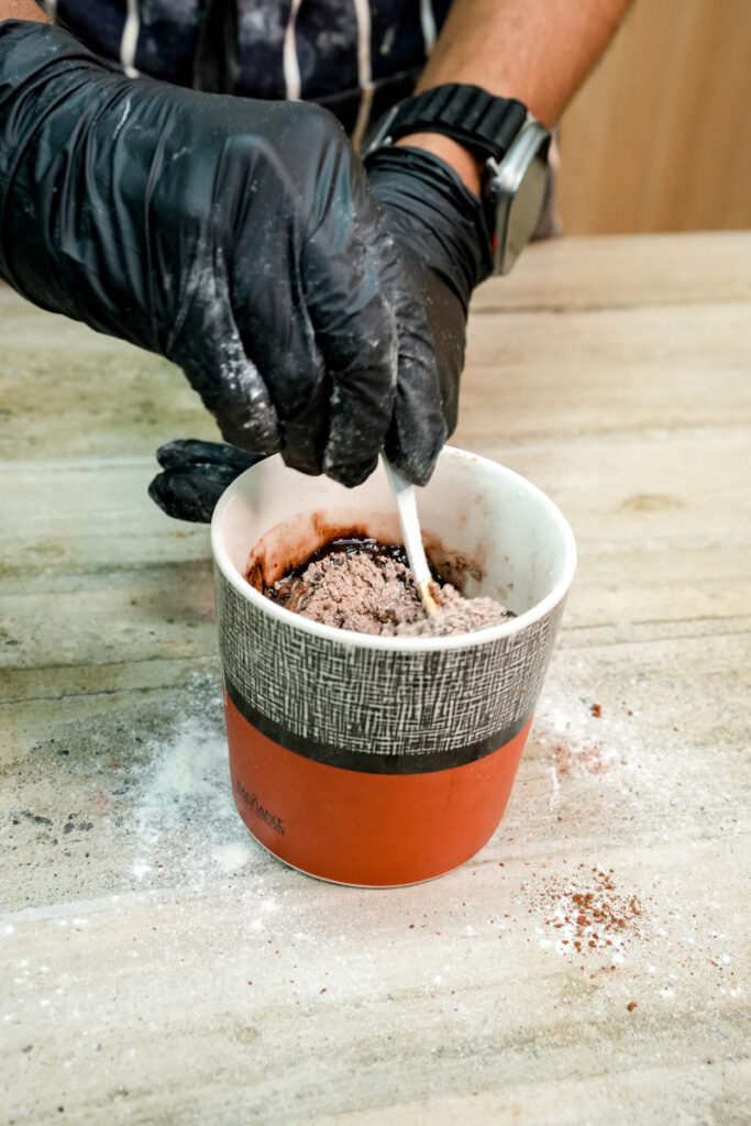 Final stirring of the chocolate vegan mug cake batter