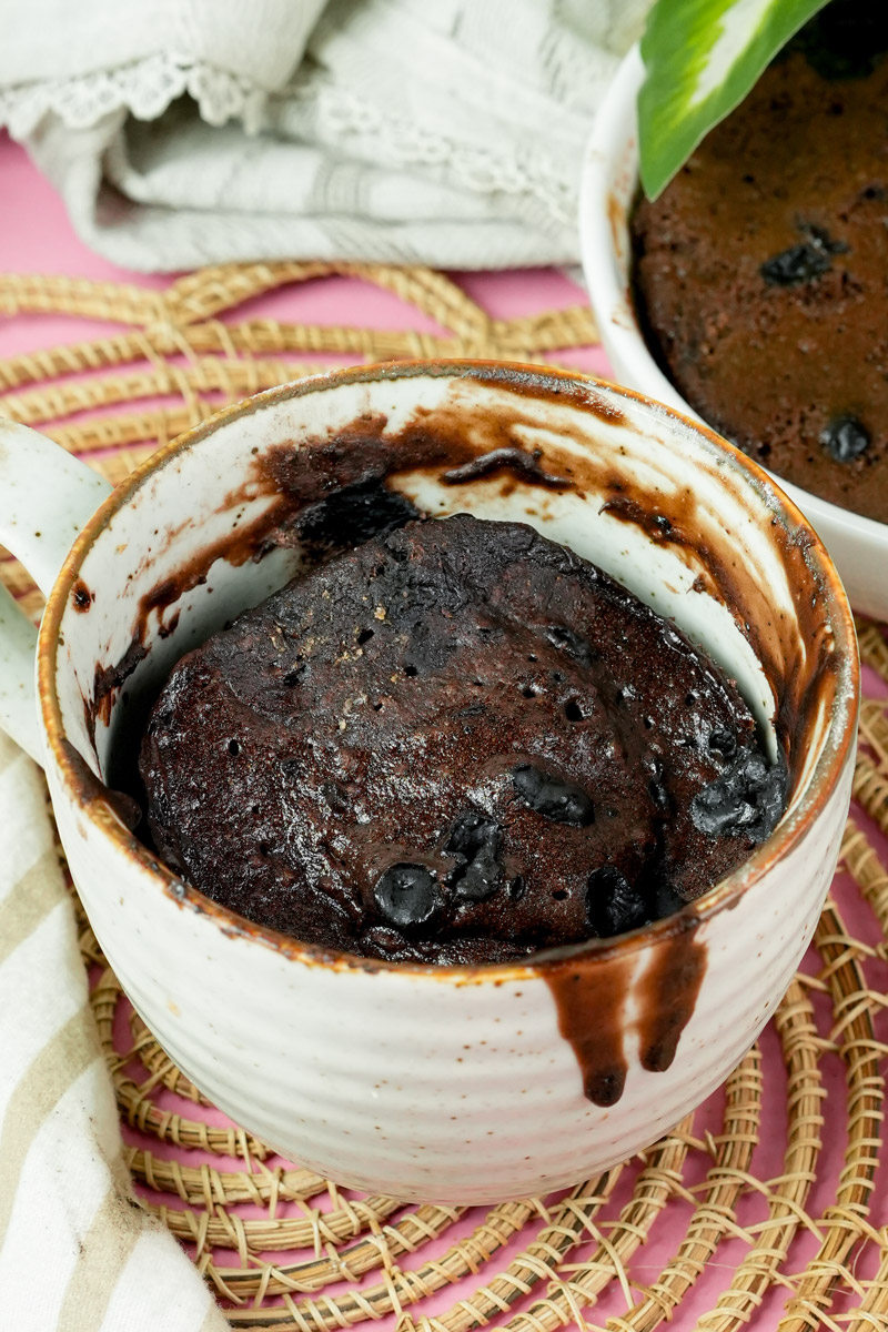 Freshly baked chocolate Nutella mug cake with melted chocolate chips on top