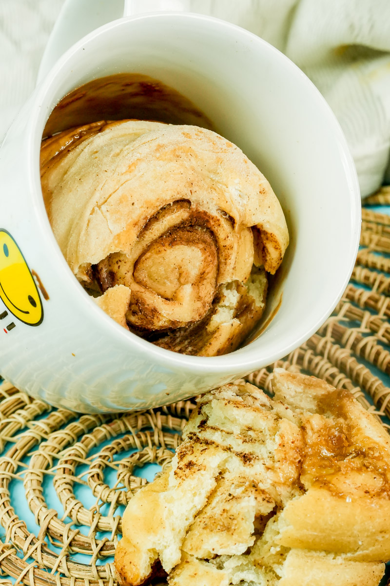 Homemade cinnamon roll mug cake showing the spiral layers and cinnamon filling