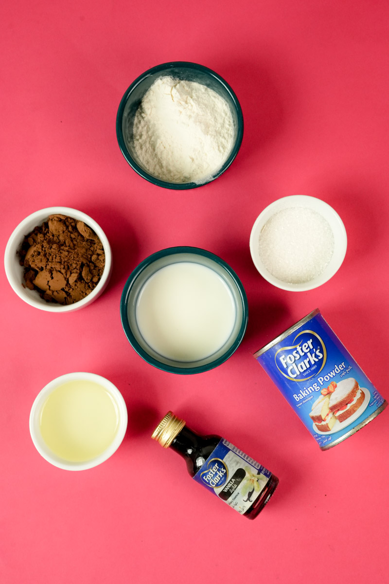 Ingredients for brownie in a mug including flour, cocoa powder, and vanilla