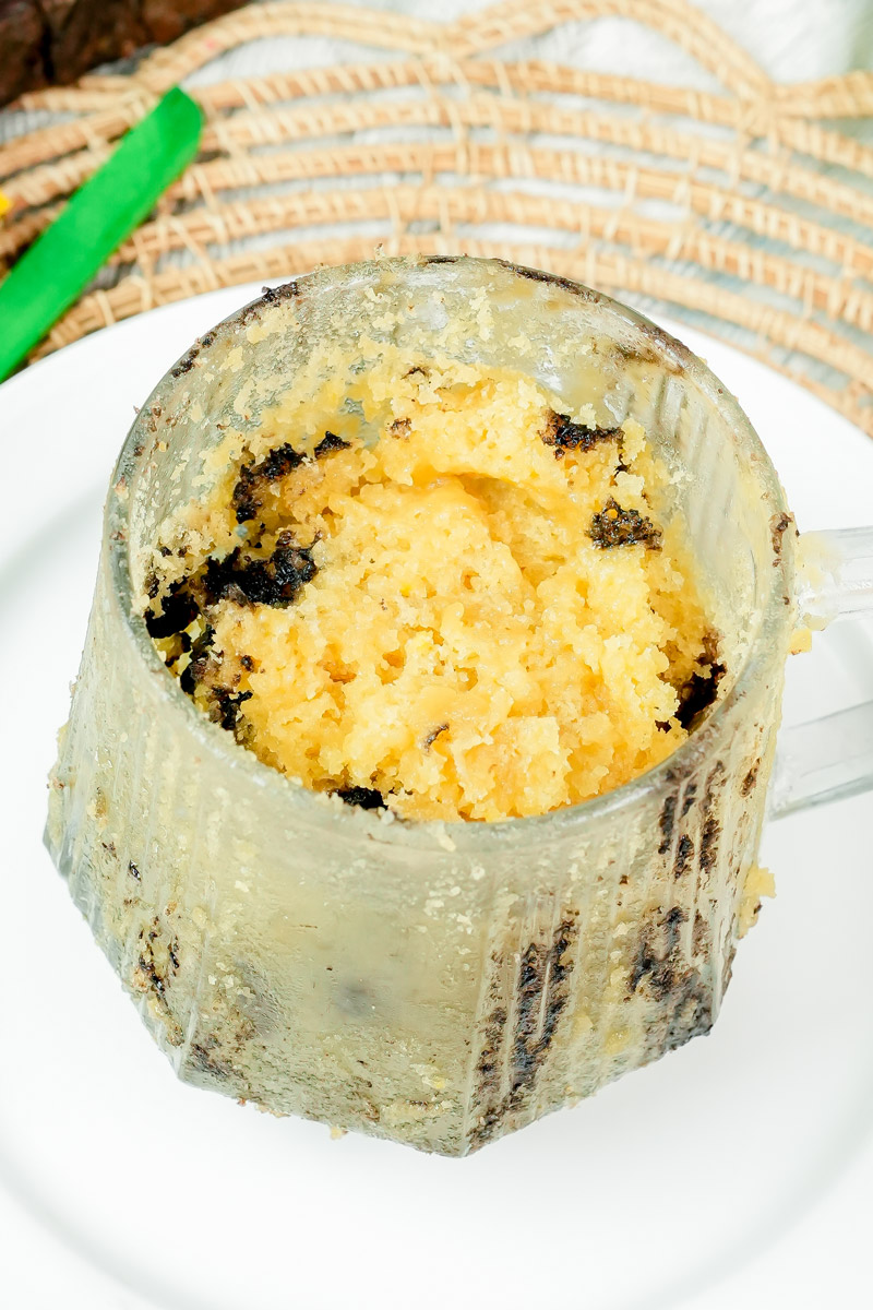 Moist, warm peanut butter mug cake ready to eat