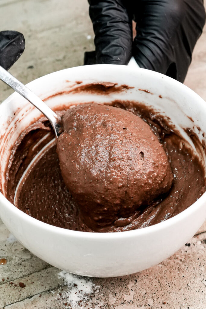 Stirring the low calorie chocolate cake batter until smooth and creamy