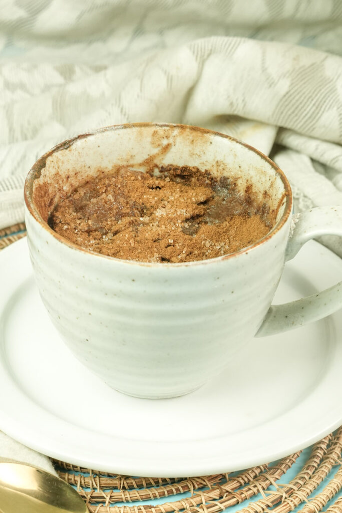 Warm snickerdoodle mug cake dessert served in a textured white mug on a plate