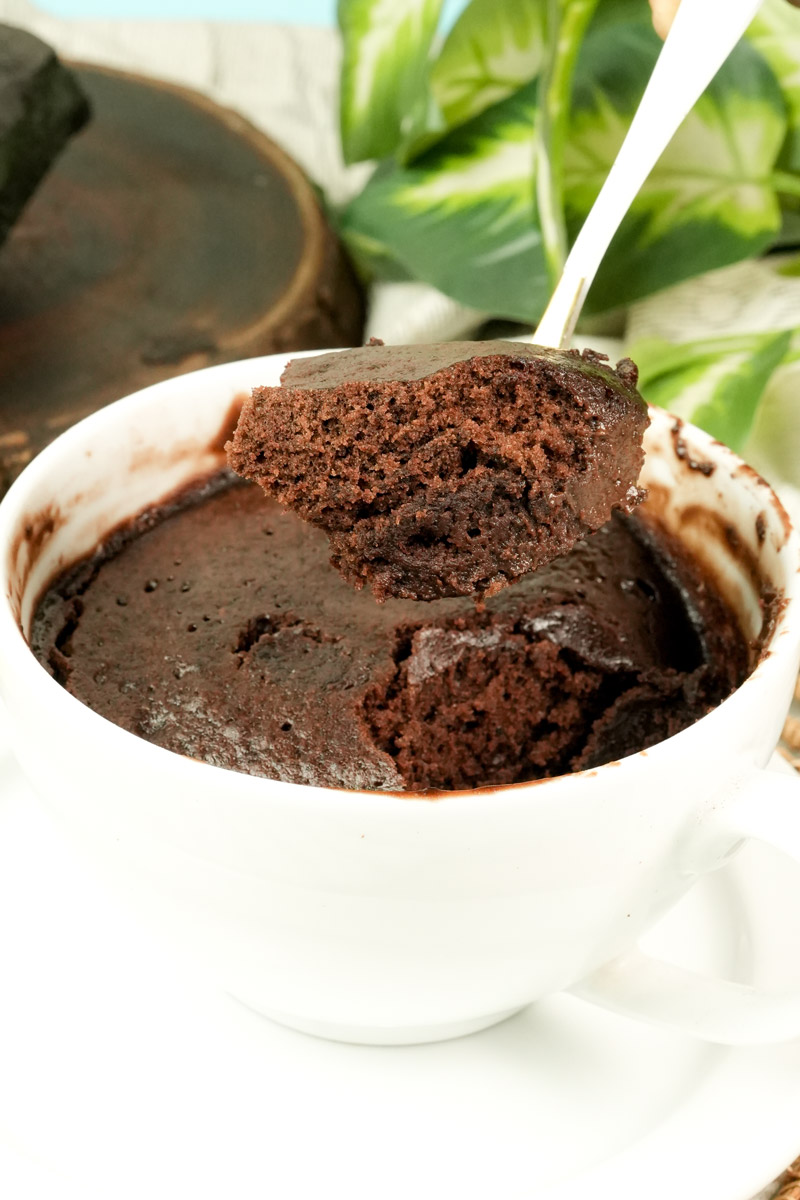 Close-up of a fluffy bite of chocolate mug cake highlighting the airy crumb