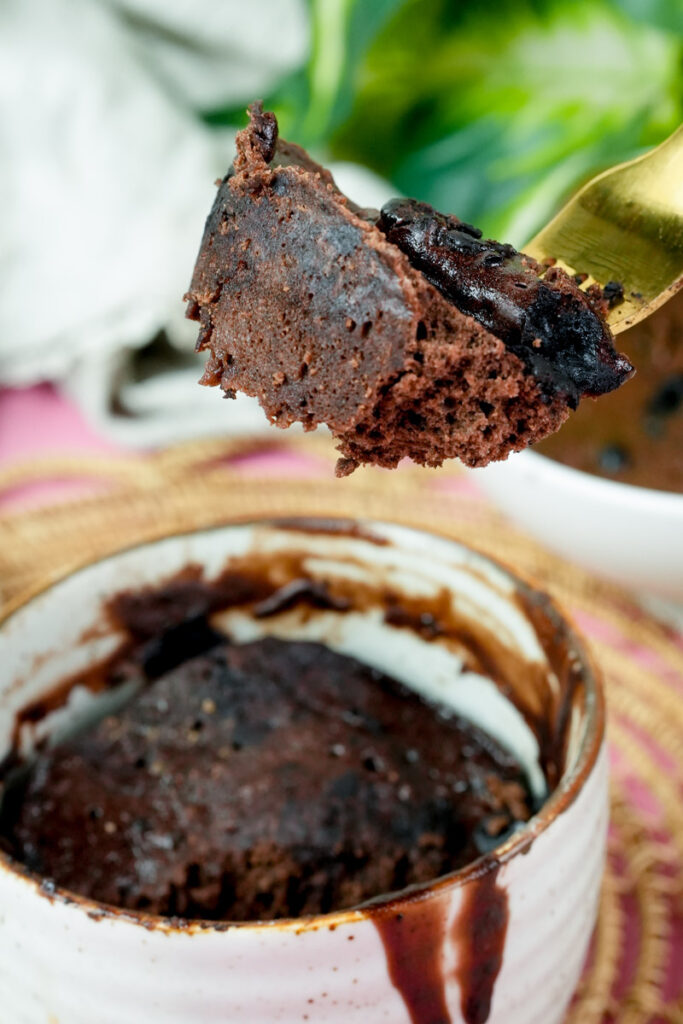 Macro shot of a moist Nutella mug cake bite on a fork