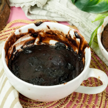 Top view of a moist, eggless chocolate mug cake
