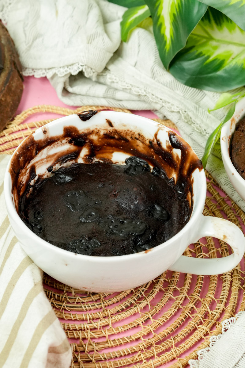Top view of a moist, eggless chocolate mug cake